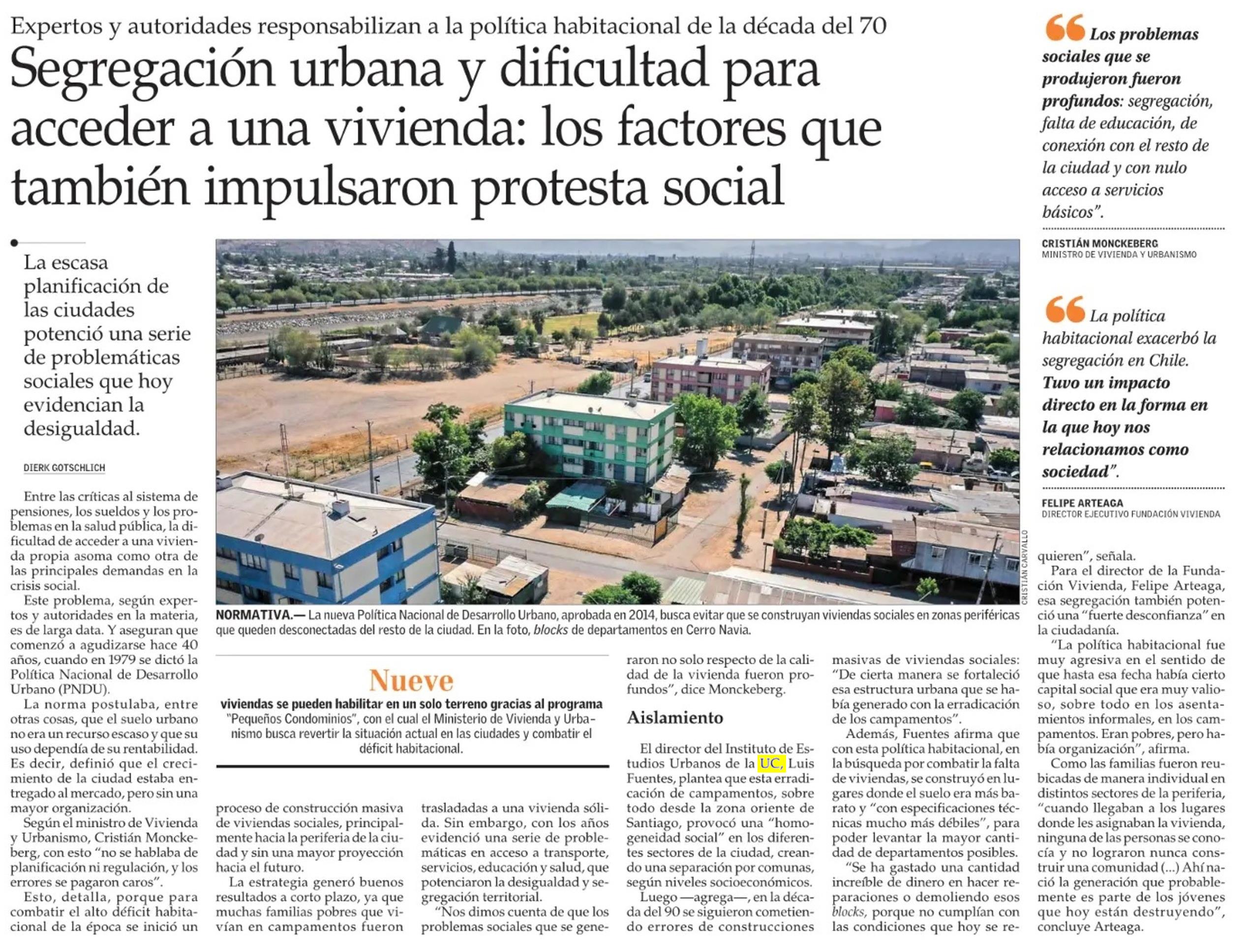 El Mercurio: segregación urbana y dificultad para acceder a una vivienda, los factores que también impulsaron protesta social