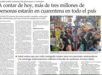 El Mercurio: a contar de hoy más de tres millones de personas entrarán en cuarentena en todo el país