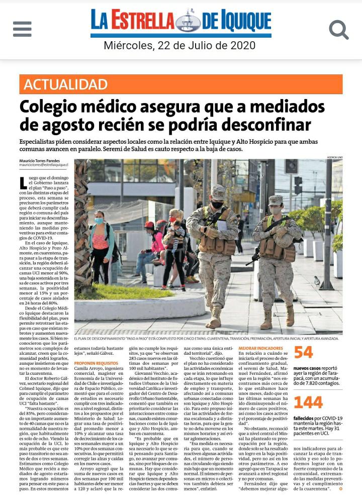 Diario La Estrella de Iquique: expertos/as advierten sobre medidas ante planes de desconfinamiento
