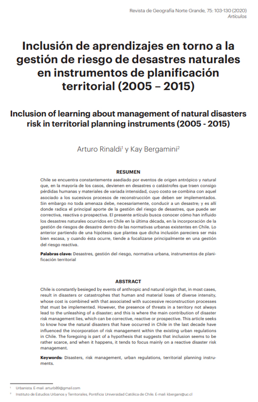 Inclusión de aprendizajes en torno a la gestión de riesgo de desastres naturales en instrumentos de planificación territorial (2005-2015)