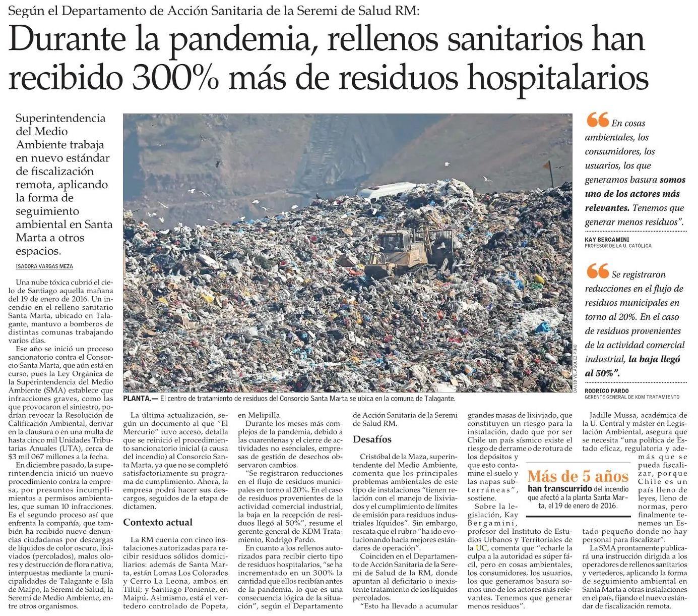 El Mercurio: Durante la pandemia, rellenos sanitarios han recibido 300% más de residuos hospitalarios