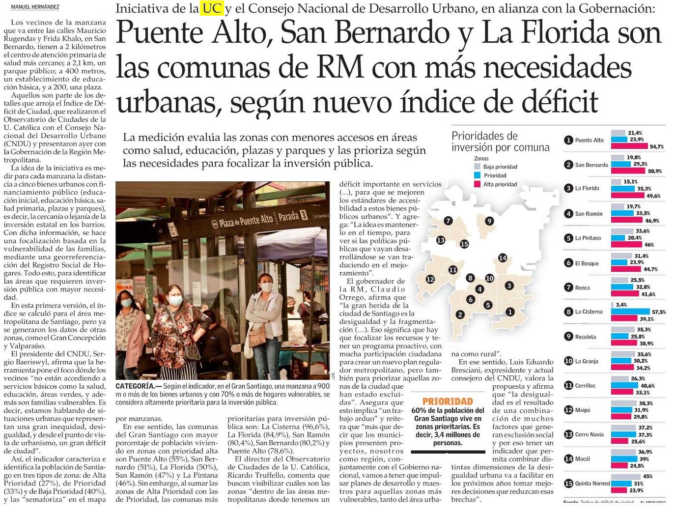 El Mercurio: Puente Alto, San Bernardo y La Florida son las comunas de RM con más necesidades urbanas, según nuevo índice de déficit
