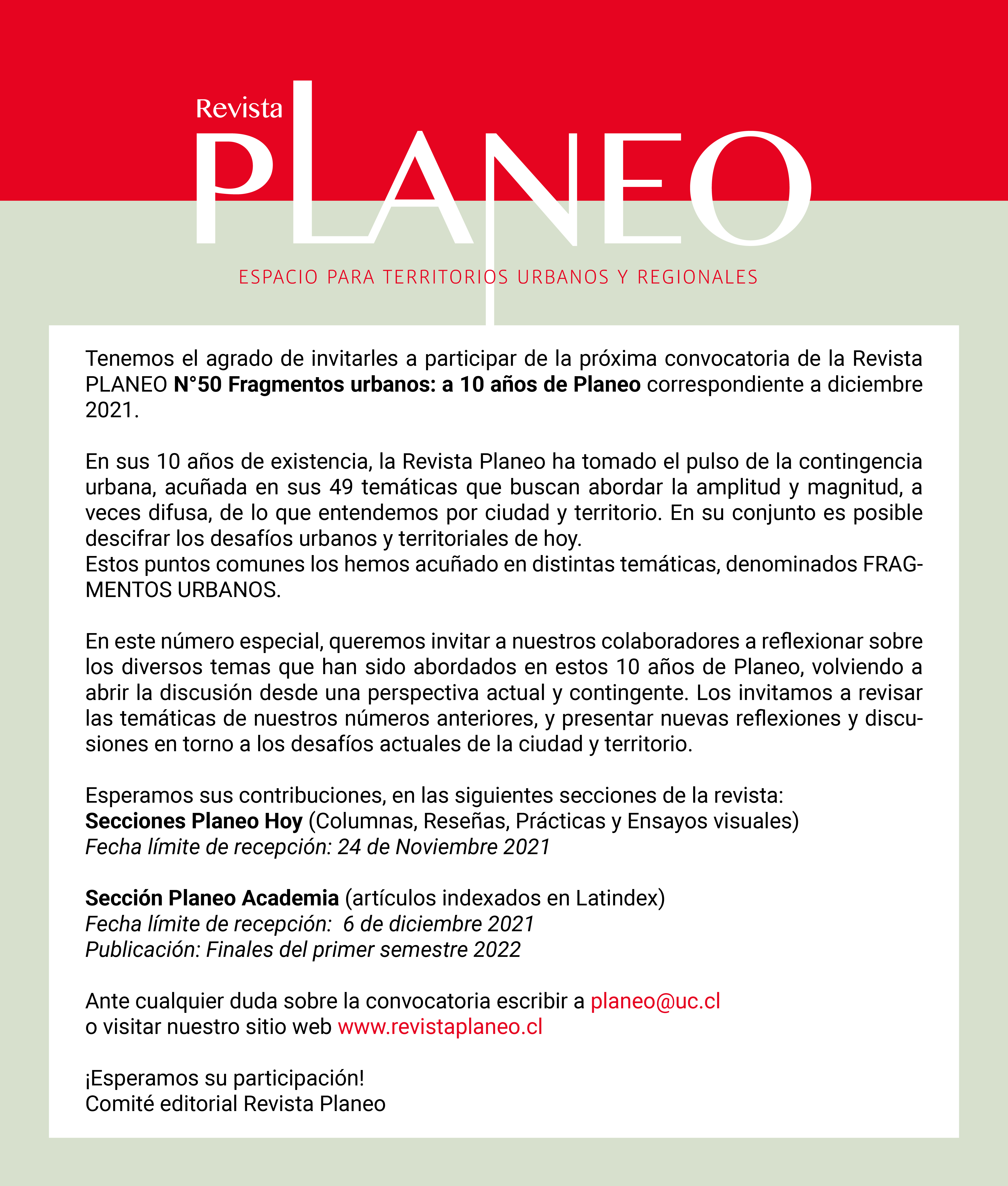 Convocatoria de la Revista PLANEO N°50 “Fragmentos urbanos: a 10 años de Planeo”