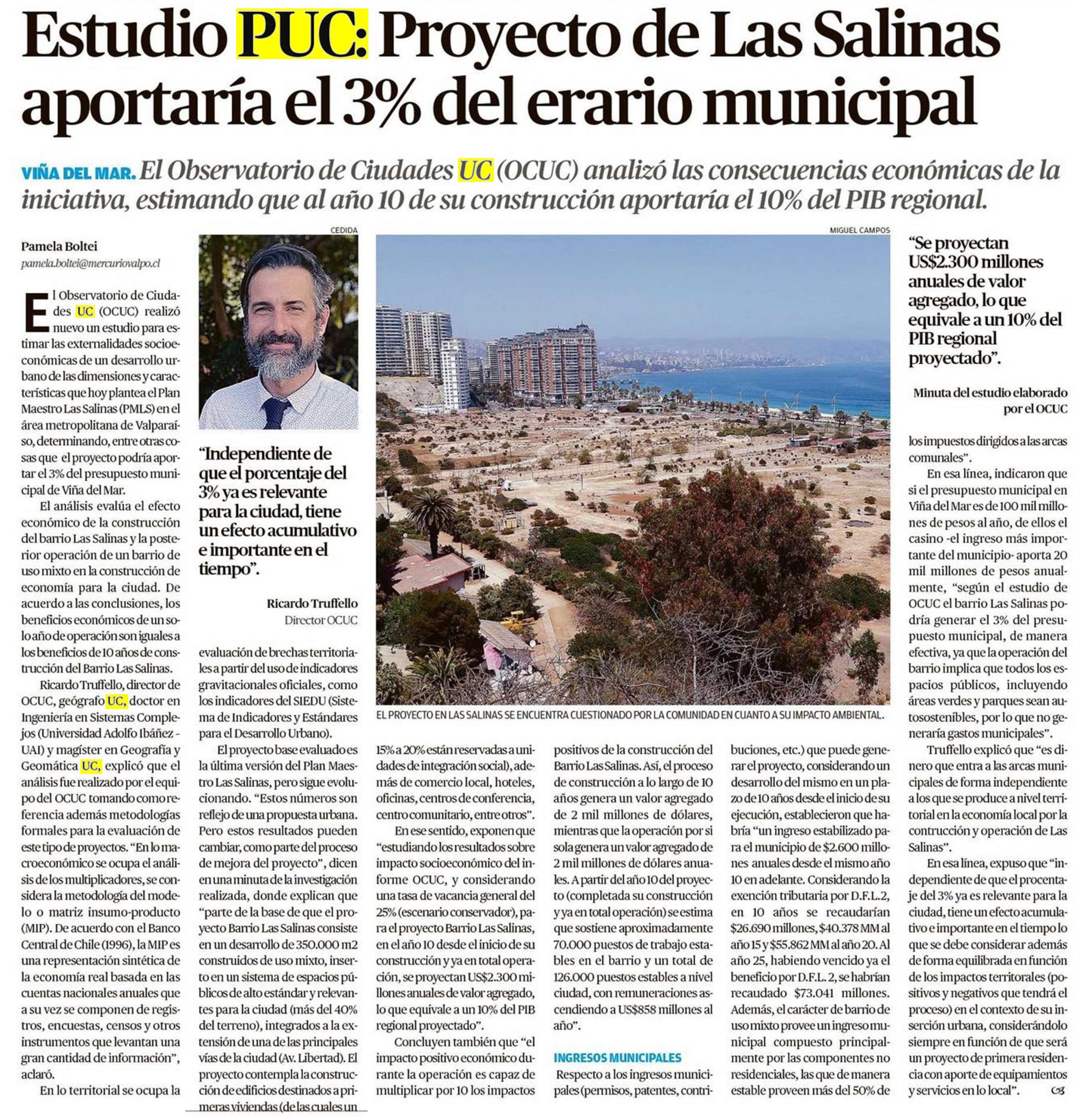 (El Mercurio Valparaíso) Estudio PUC: Proyecto de Las Salinas aportaría el 3% del erario municipal