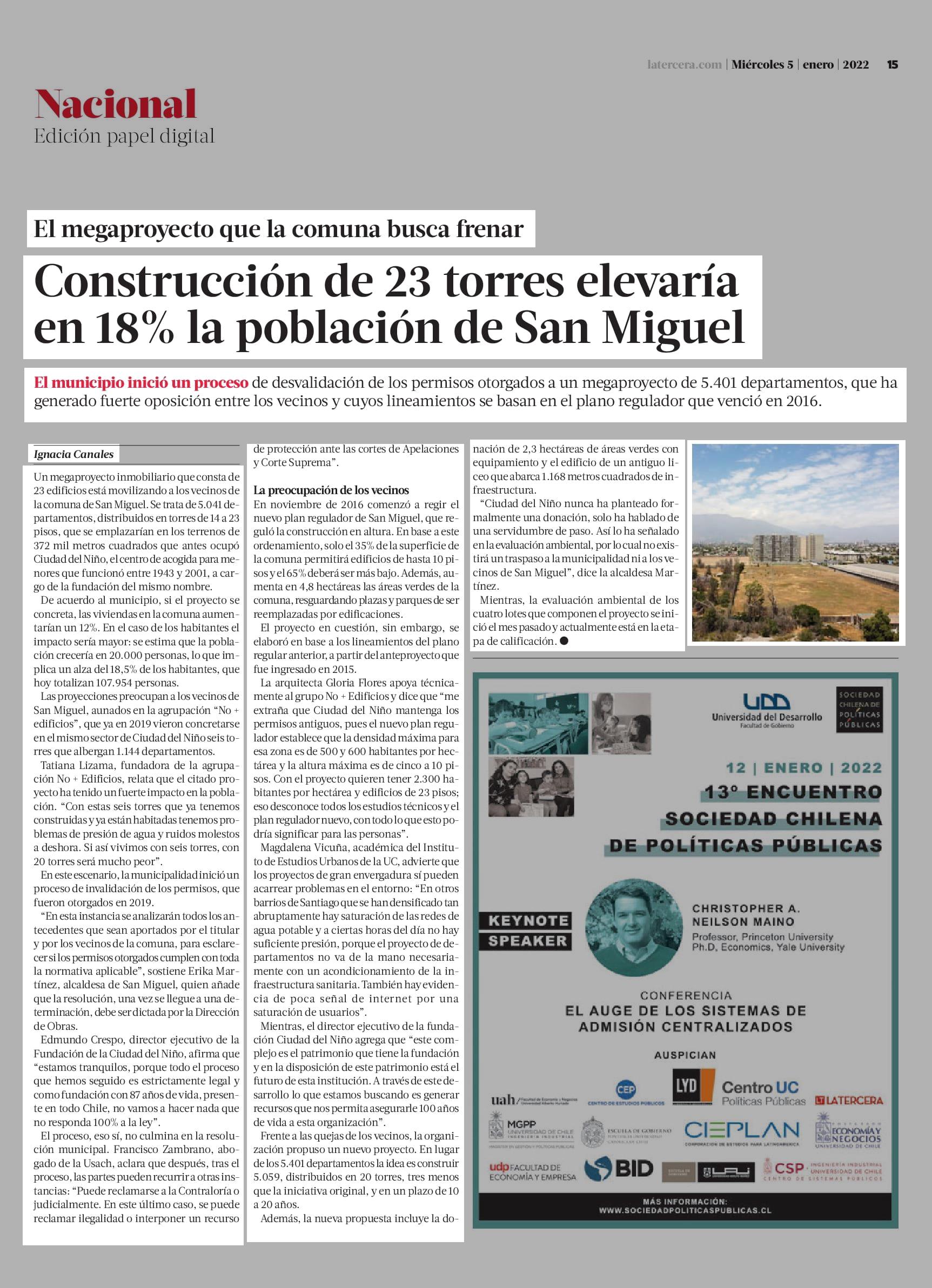 La Tercera: Construcción de 23 torres elevaría en 18% la población de San Miguel