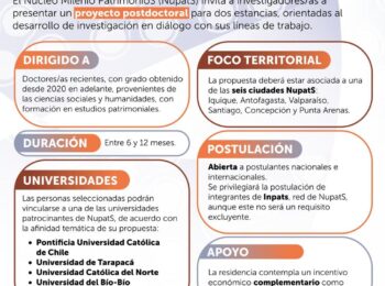 Núcleo Milenio PatrimonioS (NupatS) abre convocatoria para estancias de investigación postdoctoral