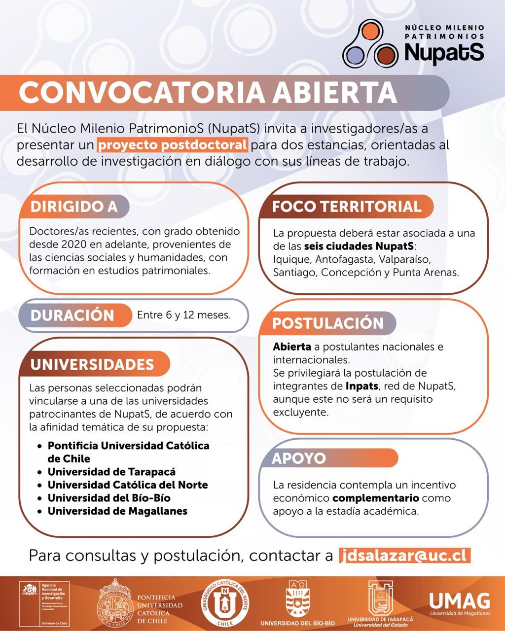 Núcleo Milenio PatrimonioS (NupatS) abre convocatoria para estancias de investigación postdoctoral